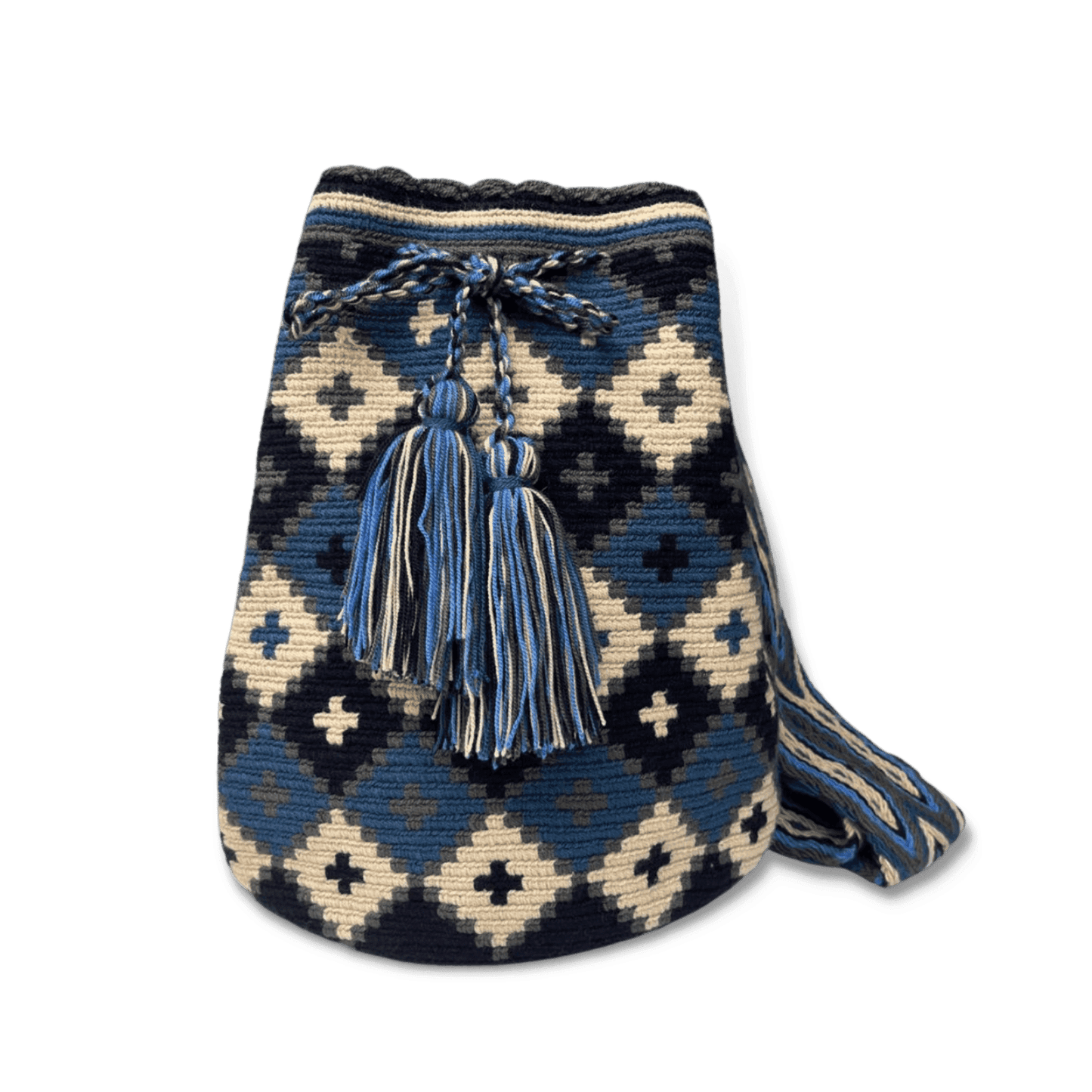 Mochila Wayúu para mujer diseño rombos azules y beige