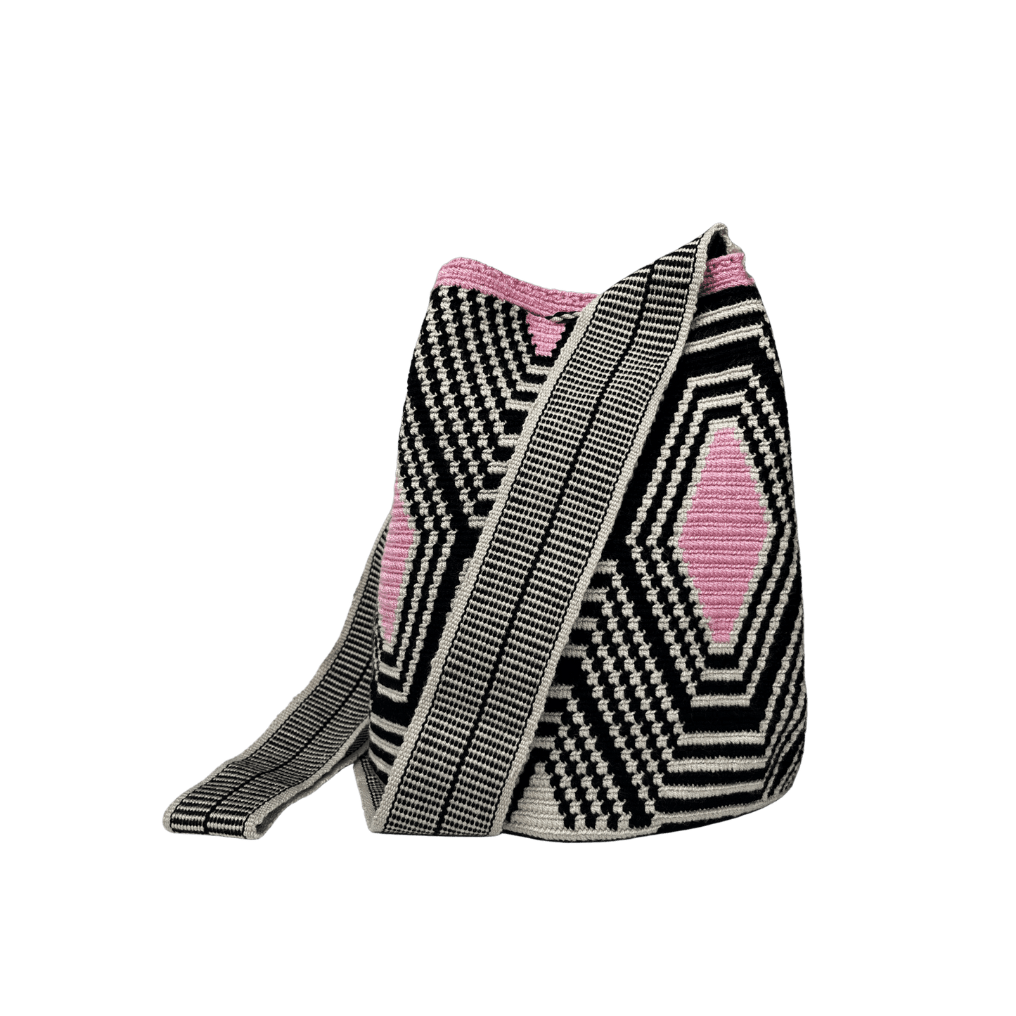 Mochila wayuu original tejida a una hebra en colores negro, beige y rosado. Gaza paleteada
