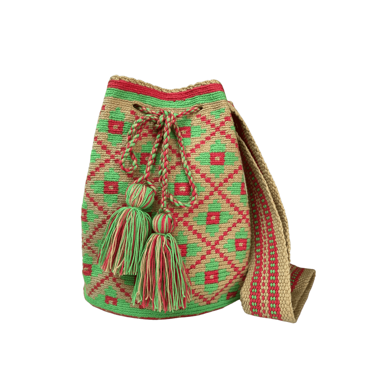 Mochila wayuu original tejida a una hebra con diseño de flores en colores rojo y verde 