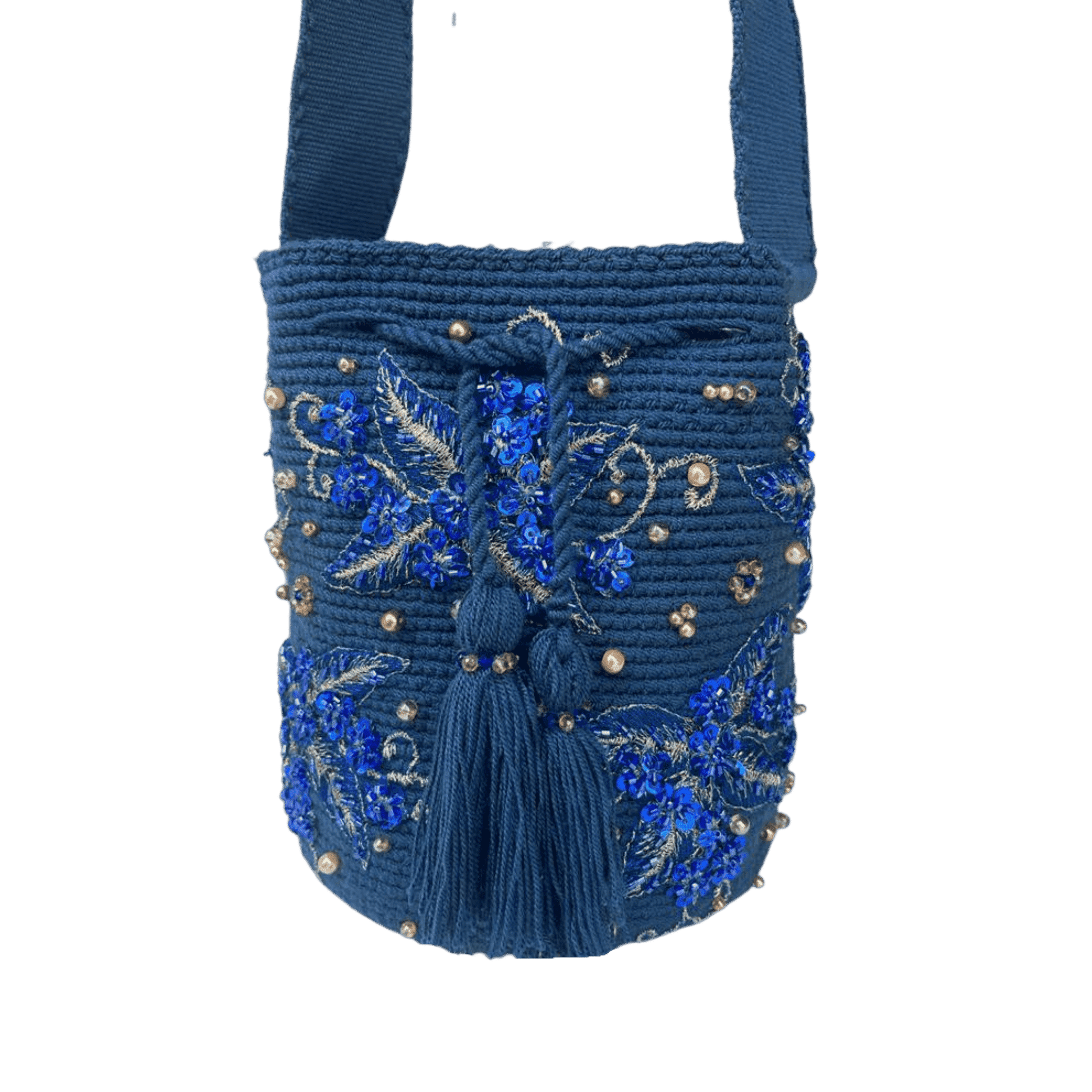 Mochila Recamada Wayuu Golden Blue Encantos Handmade