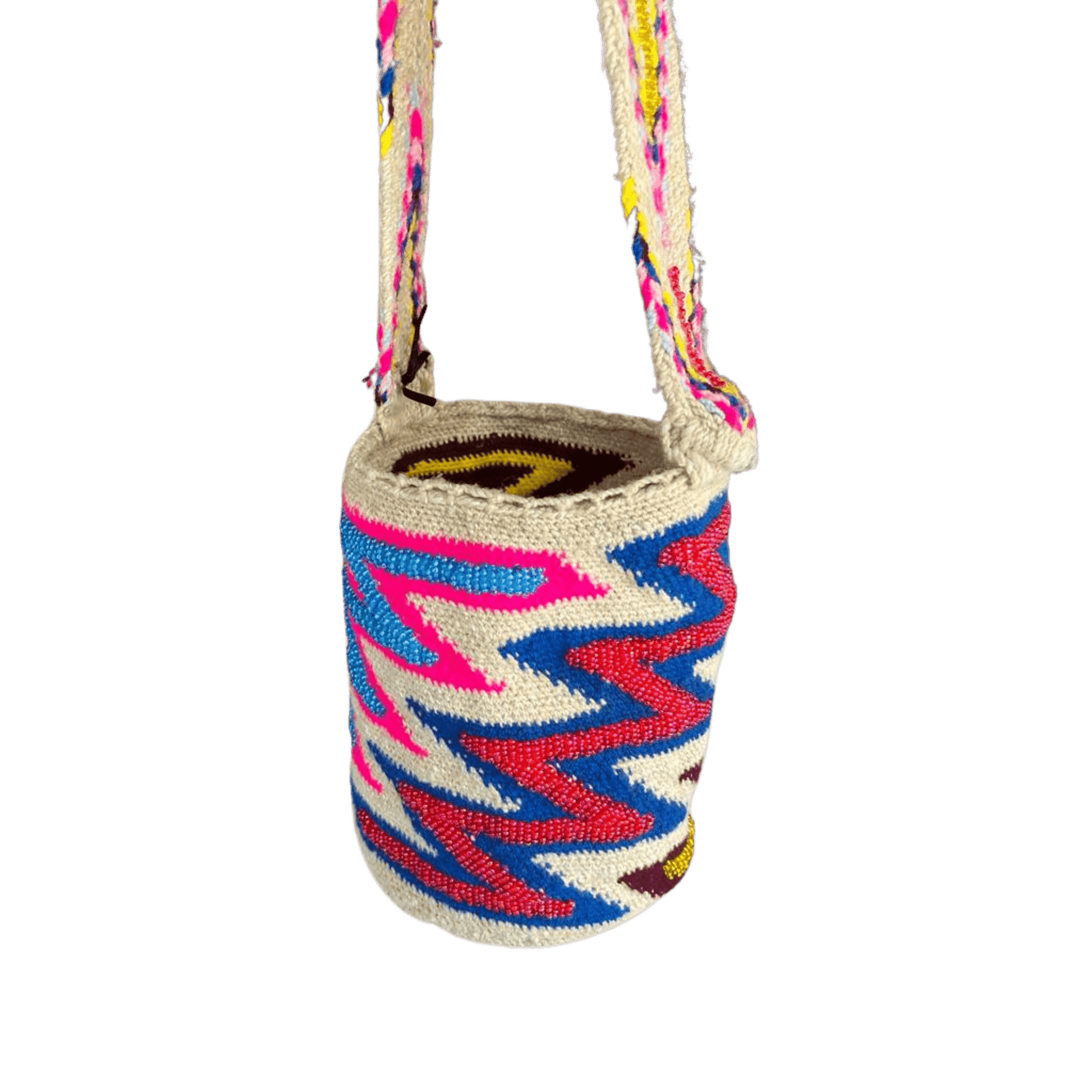 Mochila arhuaca de colores con diseño en zigzag con chaquiras de colores azul, rosado y amarillo