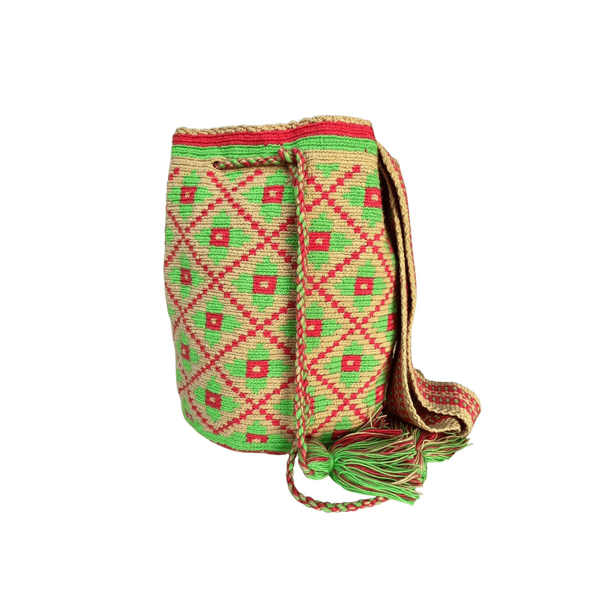 Mochila original wayuu tejida a mano con diseño de flores en colores rojo y verde