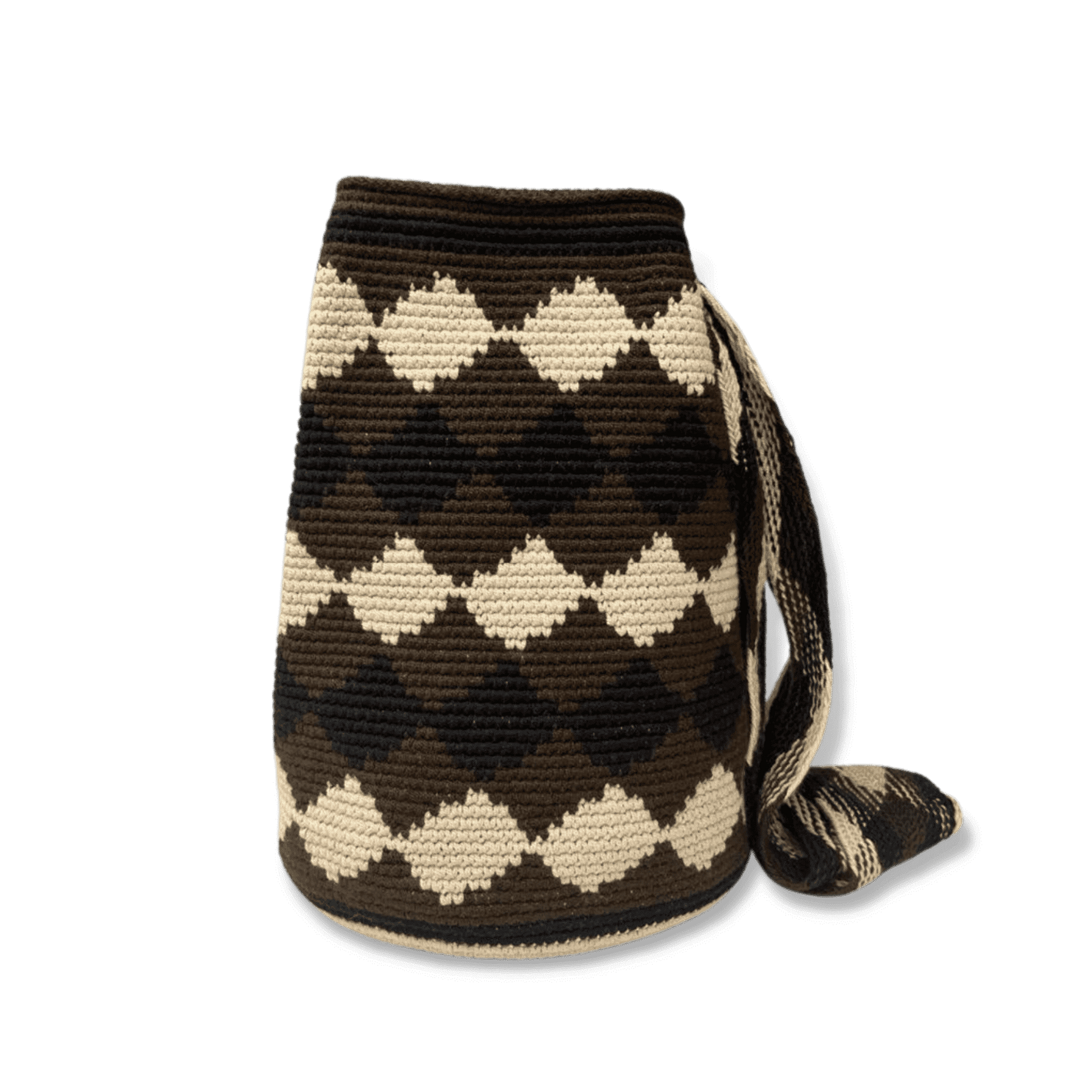 Mochila wayuu original para hombre tejido en rombos negro, cafe y beige