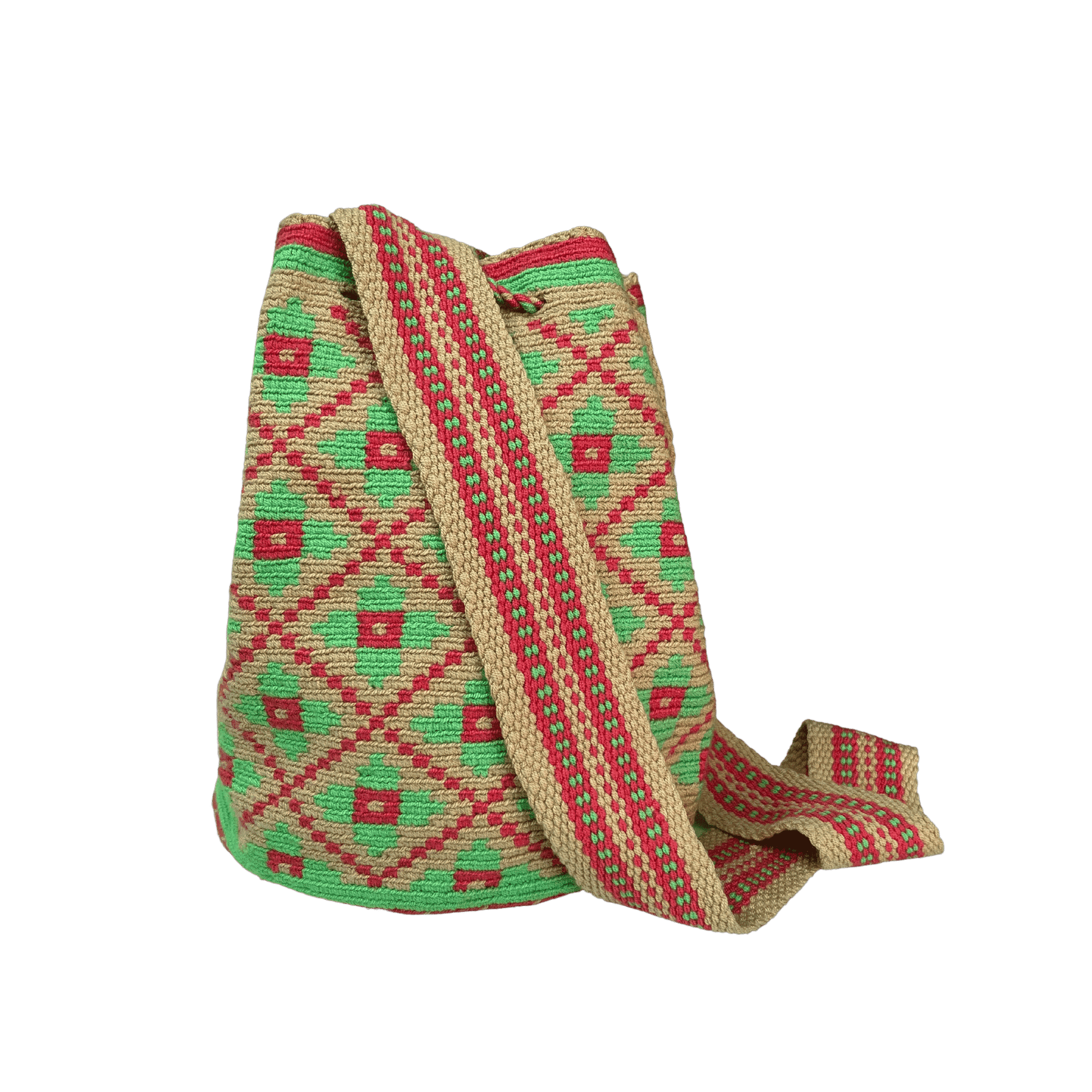 Mochila wayuu tejida a una hebra con diseño de flores en colores rojo y verde