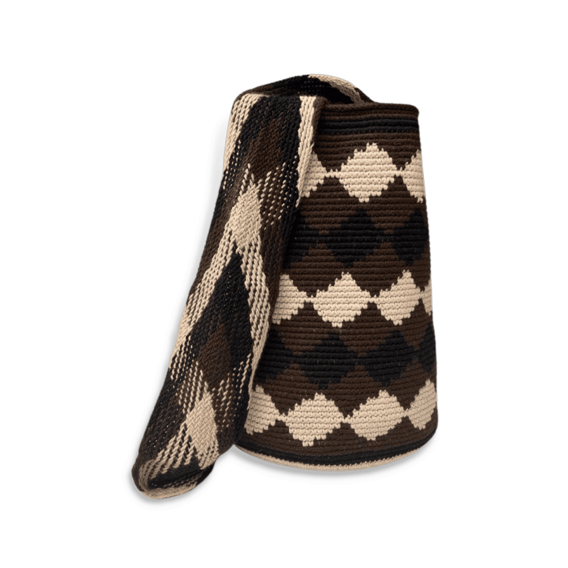 Mochila wayuu original para hombre diseño de rombos colores negro, cafe y beige