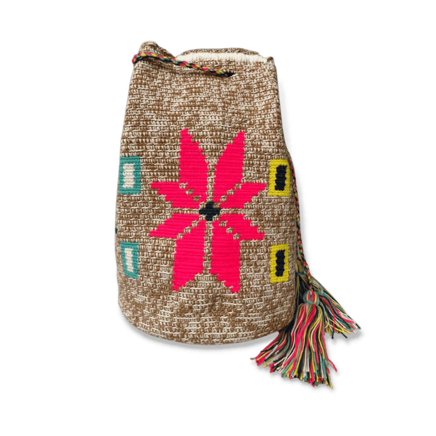 Mochila wayuu original para mujeres con diseño de flores de colores
