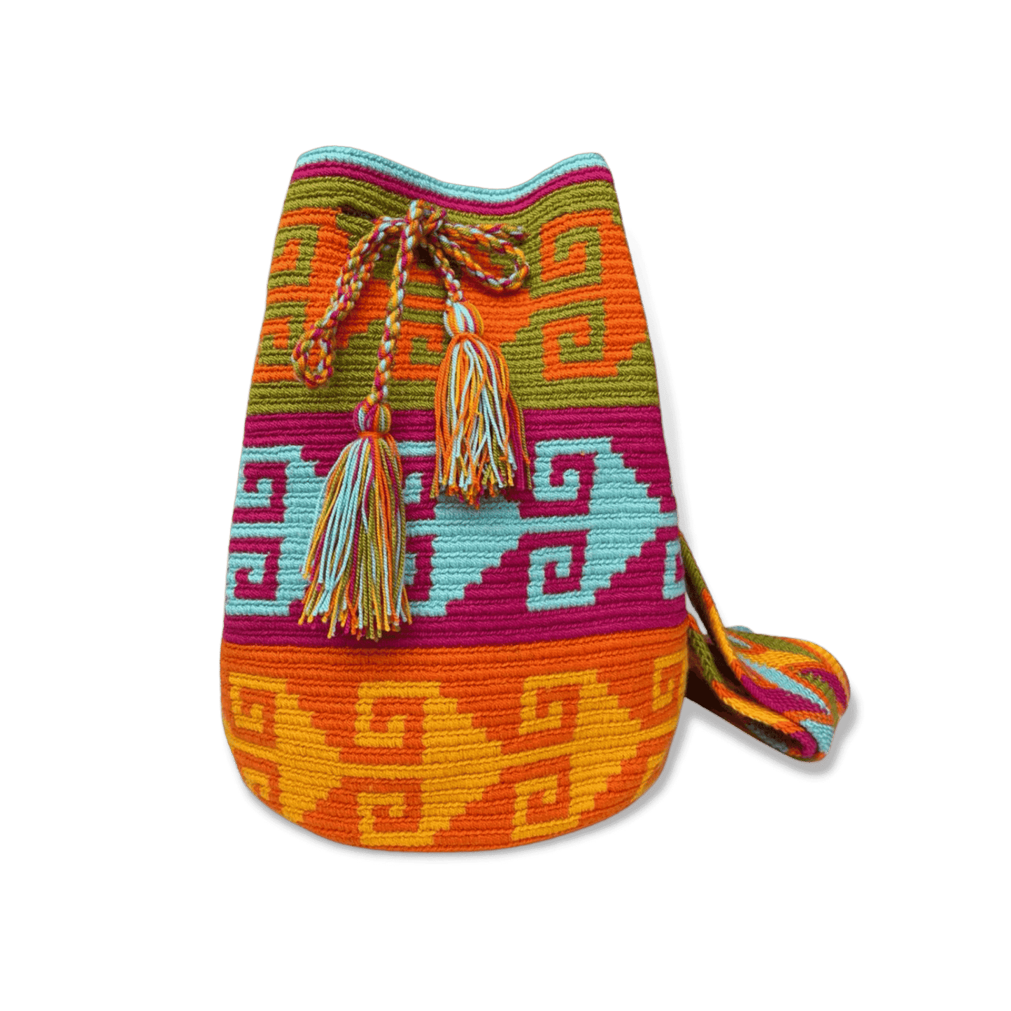 Mochila wayuu original tejida a mano con un diseño precolombino de colores vivos