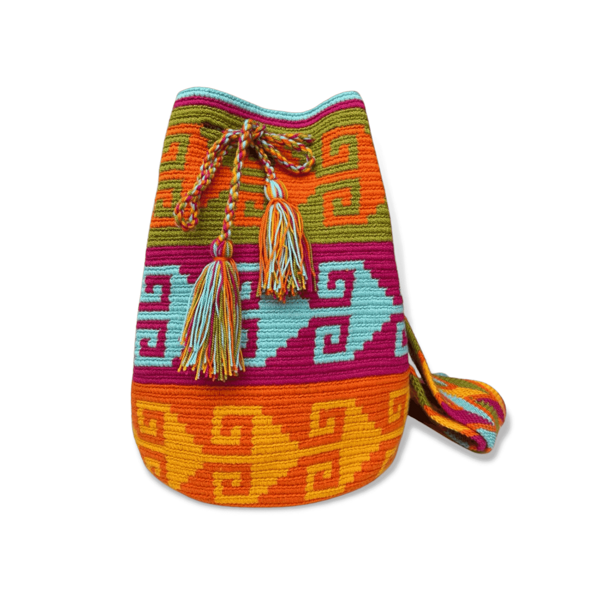 Mochila wayuu original tejida a mano con un diseño precolombino de colores vivos