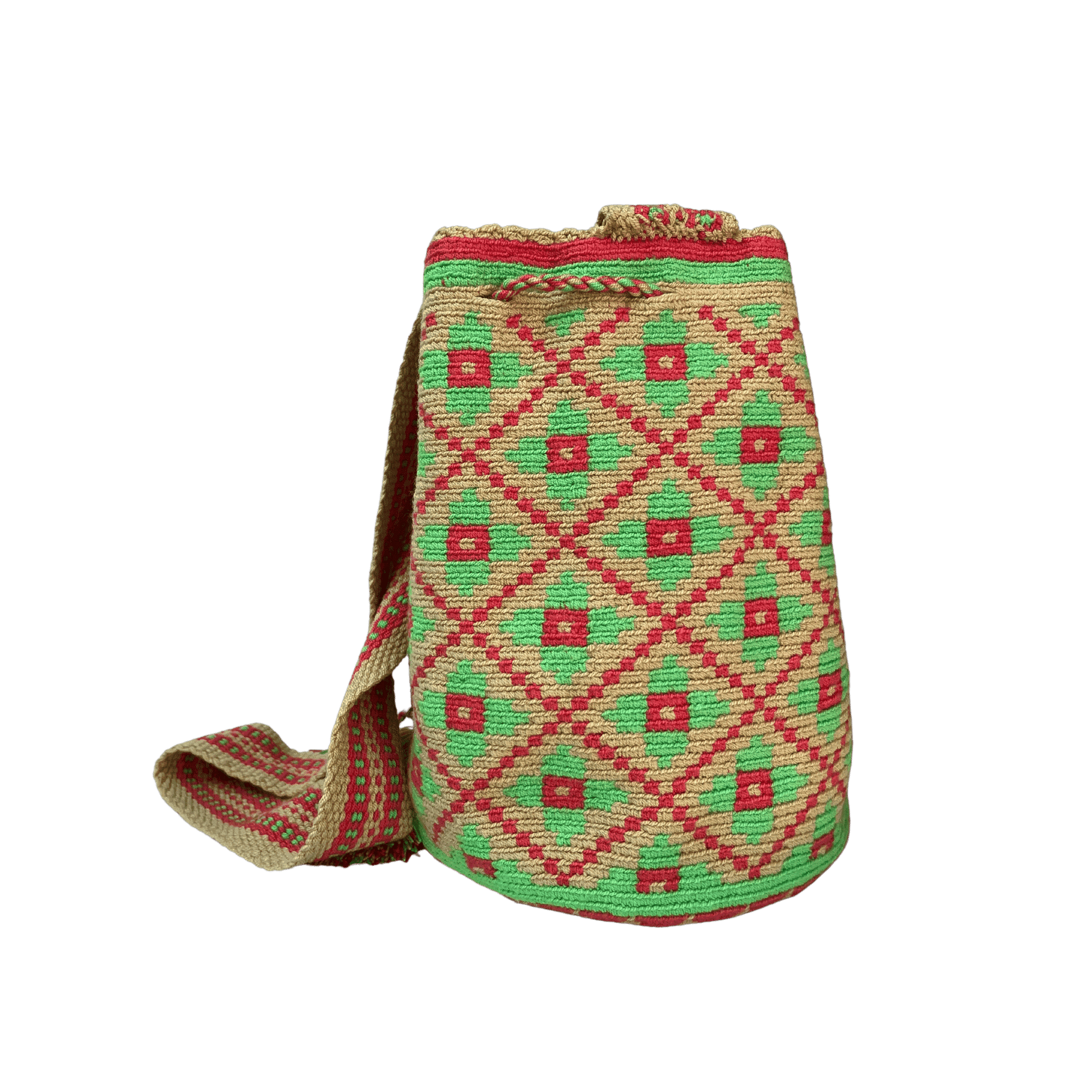 Mochila wayuu tejida a una hebra con diseño de flores en colores rojo y verde enmarcadas en rombos