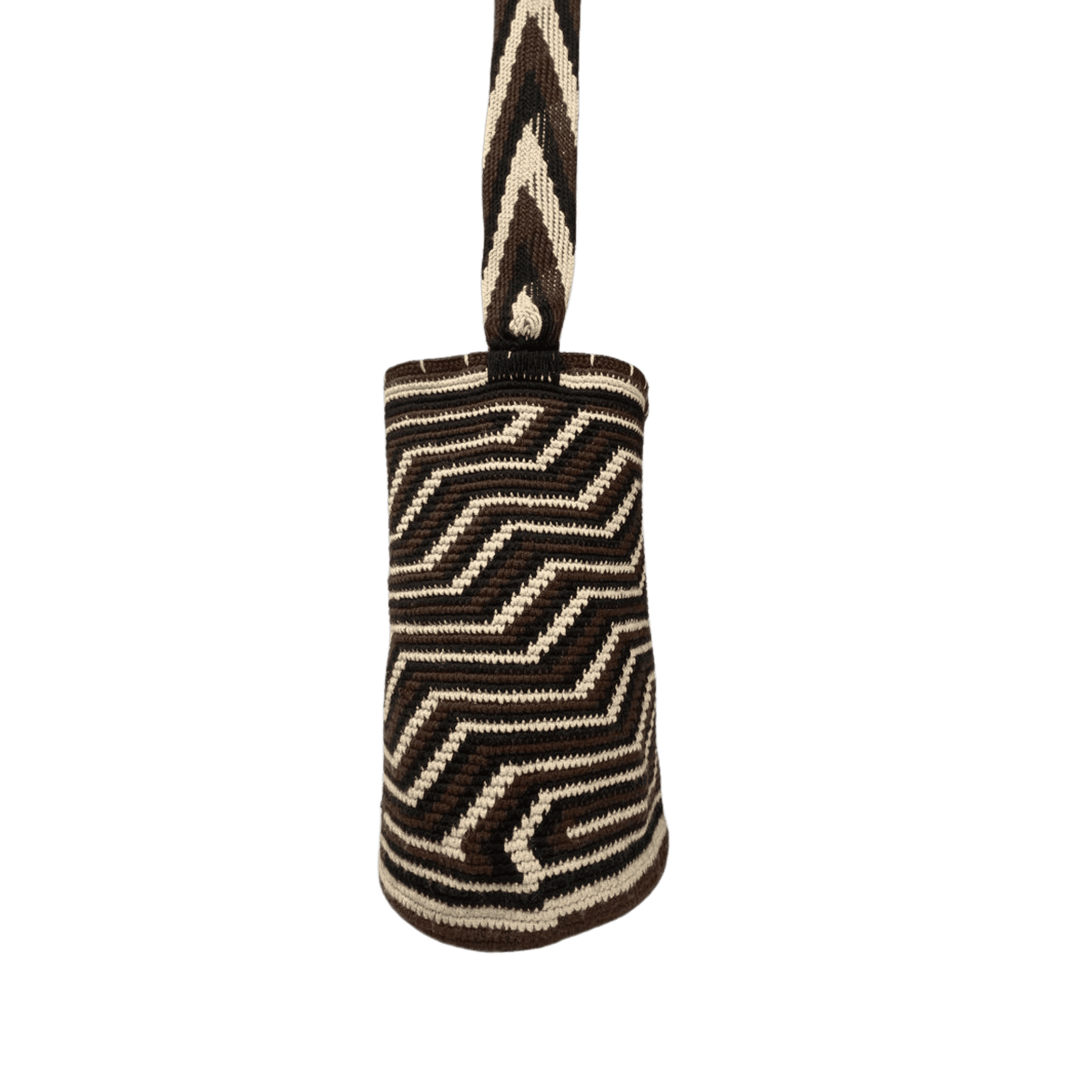 Mochila Wayuu original para hombre con diseño pensamiento colores café, negro y beige
