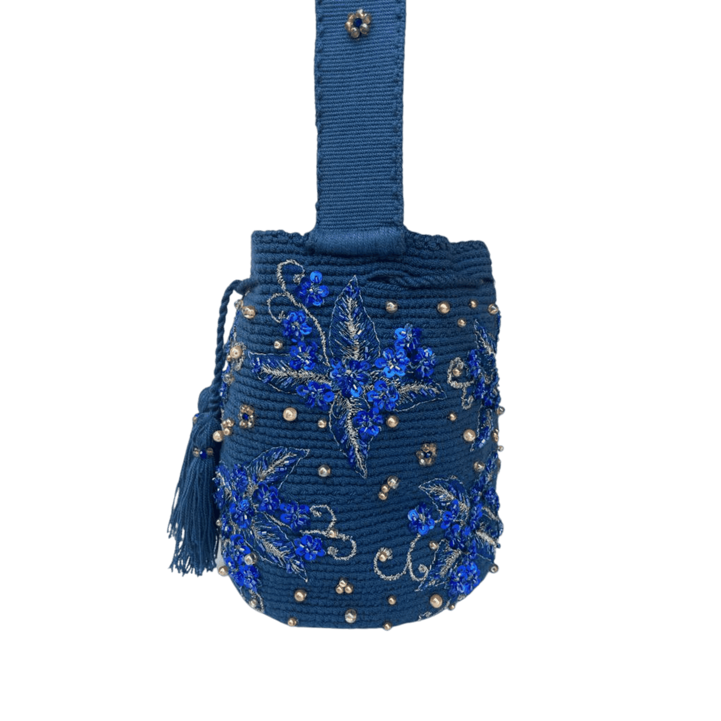 Mochila wayuu recamada color azul rey